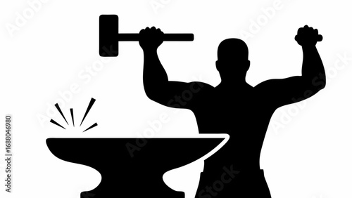 A blacksmith silhouette striking an anvil with a hammer with sparks flying and raised fist in victory