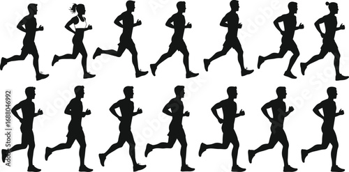 Silhouette vector illustration of men and women running in motion, fitness activity, jogging workout, cardio exercise, outdoor health lifestyle