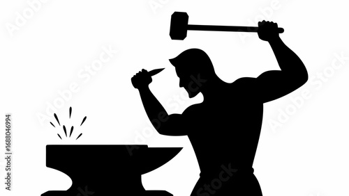 Silhouette of a blacksmith striking metal on an anvil with a hammer creating sparks in a workshop scene