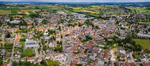An aerial panorama view above the downtown in the city Wertingen during a sunny summer day in Bavaria, Germany