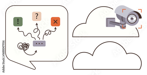 Speech bubble with tangled lines, options , , X, security camera focused on clouds. Ideal for problem-solving, decision-making, cloud storage, data protection direction cybersecurity simple flat