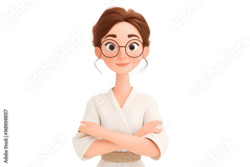 A female teacher wearing glasses, standing with arms crossed and a confident smile, academic mentor vibe, 3d animation, isolated on a white background