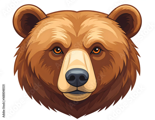 A close-up, detailed illustration of a brown bear's head, facing the viewer directly.