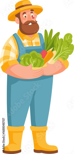 Farmer in overalls holds fresh vegetables isolated on transparent background. Vector illustration.