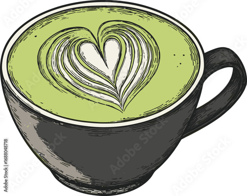 Matcha latte with heart design in a black ceramic cup isolated on transparent background. Vector illustration.