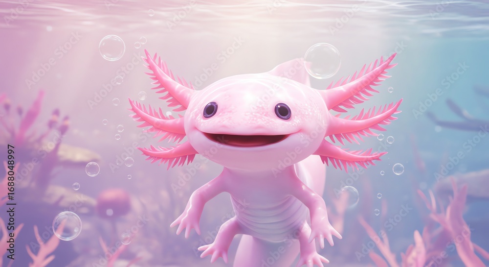 Obraz premium Pink axolotl swimming underwater