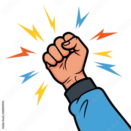 Raised Clenched Fist with Lightning Graphic in Orange Yellow and Sky Blue Colors Signifying Strength Cartoon Style Illustration on White Background