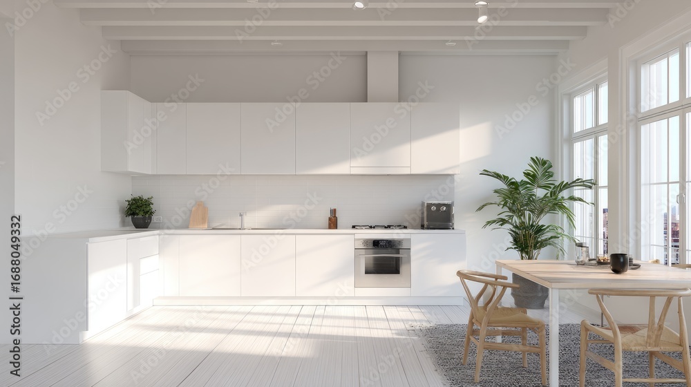 Fototapeta premium Scandinavian style white kitchen, minimal decor, clean lines, soft natural light, architectural photography, realistic photo 