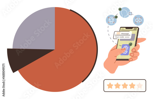 Hand holding smartphone displaying a security code, pie chart, rating bar, icons of data and network connections. Ideal for cyber security, data analysis, online authentication, mobile technology