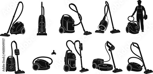 Collection of various vacuum cleaner icons and silhouettes including canister, upright, handheld, and robot vacuum cleaner vector illustrations set