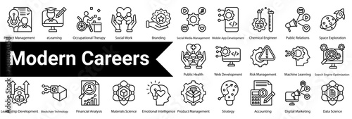 Modern Careers Icon Collection and Set Containing: Nursing,Executive Coaching,Mechanical Engineering,Aerospace Engineering,Sustainable Agriculture,Curriculum,Content Creation,Change Management,Conflic