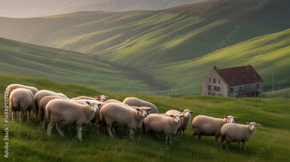 Fototapeta premium Flock of Sheep Grazing on Lush Green Hills with Rustic Farmhouse in Background