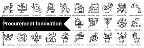Procurement Innovation Icon Collection and Set Containing: Supplier Network,Cost Analysis,Spend Optimization,Market Research,Supplier Evaluation,Risk Assessment,Contract Management,Negotiation Process