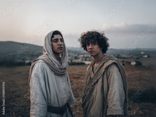 Two young Hebrew men in robes standing in the hills