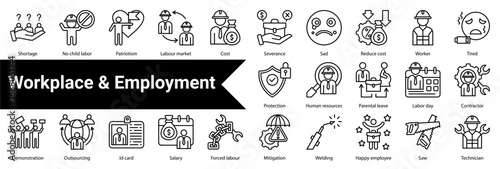 Workplace & Employment Icon Collection and Set Containing: Shortage,No child labor,Patriotism,Labour market,Cost,Severance,Sad,Reduce cost,Worker,Tired,Protection,Human resources,Parental leave,Labor 