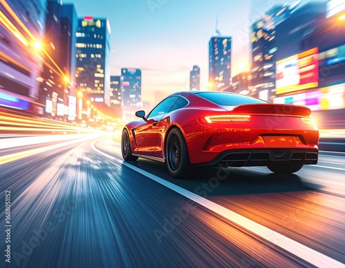 Fast red sports car in a city at dusk