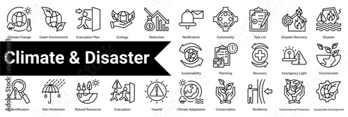 Climate & Disaster Icon Collection and Set Containing: Climate Change,Green Environment,Evacuation Plan,Ecology,Reduction,Notification,Community,Task List,Disaster Recovery,Disaster,Sustainability