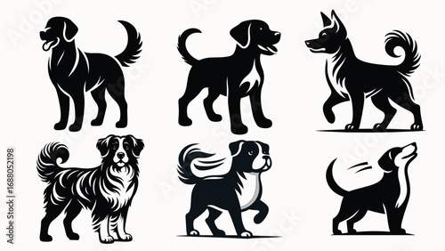 Collection of diverse dog breeds in silhouette style
