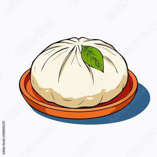 A delicious steamed bun with a fresh green leaf on top, resting on a ceramic plate, showcasing simple yet appetizing food illustration