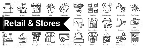 Retail & Stores Icon Collection and Set Containing: Goods,Retail,Play Area,Shopping,Shopping Center,Beauty Salon,Buying,Shoe Store,Supermarket,Kiosk,Department Store,Bathroom Sign,Shelves