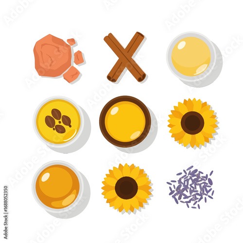 Pixelated Still Life with Yellow Liquid Cinnamon Sticks Flowers and Lavender on White Background Overhead View Minimalist Composition for Adobe Stock