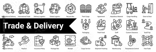 Trade & Delivery Icon Collection and Set Containing: International Delivery,International Trade,Delivery Logistics,Global Logistics,Recycle Box,Train Cargo,Agreement,Hazardous Material,Cargo Handling