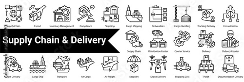 Supply Chain & Delivery Icon Collection and Set Containing: International Delivery,International Trade,Delivery Logistics,Global Logistics,Recycle Box,Train Cargo,Agreement,Hazardous Material