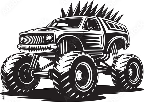 Black and white monster truck with spiky mohawk on white background Keywords: monster truck