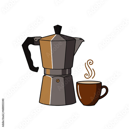 Classic Italian Moka pot with a steaming cup of coffee.