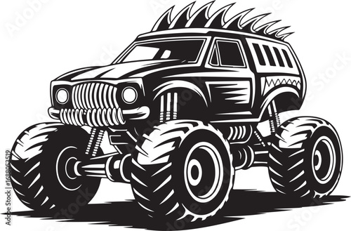 Black and white monster truck with spiky mohawk and detailed grille on white background Keywords