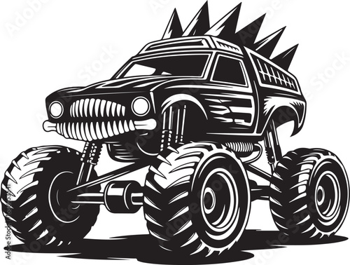 Monster truck with spiky mohawk and aggressive grille on white background Keywords: monster