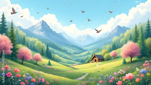 Colorful spring mountain illustration with green hills, blooming flowers, fresh trees, a wooden cabin, and birds flying under bright sky