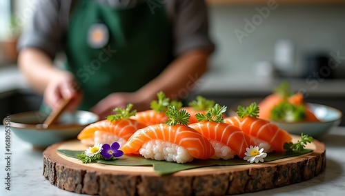 Plant-Based Seafood – Sushi platter with vegan salmon slices, seaweed garnish, eco-friendly culinary trend