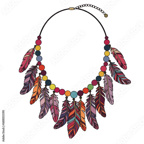 Colorful Bohemian Feather and Bead Necklace.