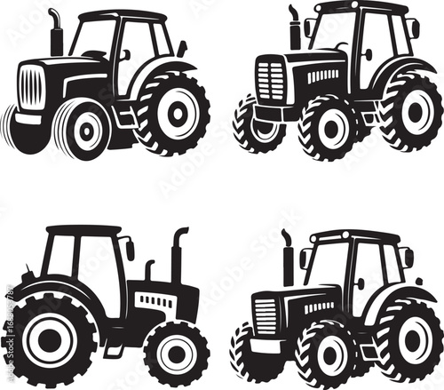 Four Black Silhouette Tractors on White Background Agricultural Vehicles farm agriculture