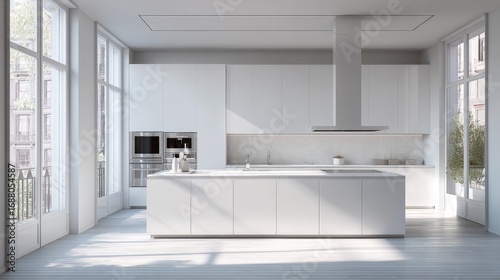 white minimal kitchen, soft daylight atmosphere, high-end design, neat and spacious, professional photograph style 