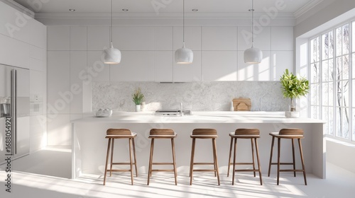 white minimal kitchen, soft daylight atmosphere, high-end design, neat and spacious, professional photograph style 