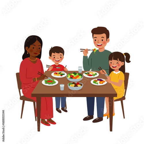 Happy diverse family enjoying a healthy meal together at the dinner table.