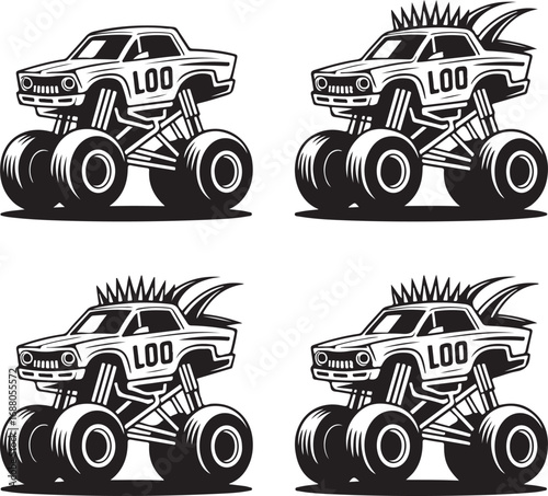 Four Monster Trucks with Spiky Hair and LO Text on White Background vehicle off-road