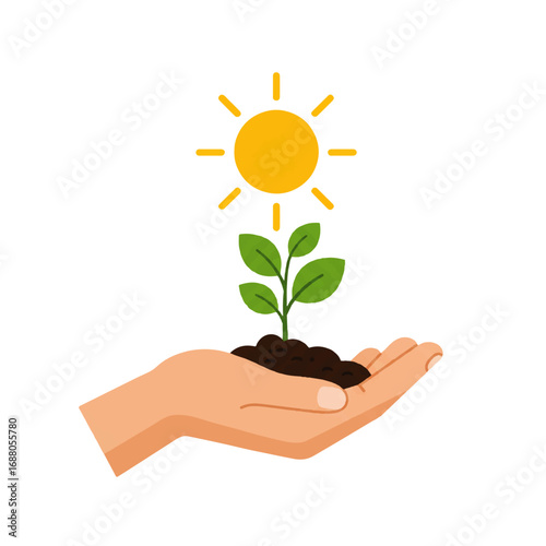 Human hand holding a green sprout symbolizing growth and environmental care.