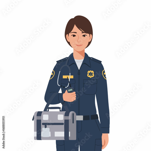 Professional female paramedic in uniform holding a medical bag and stethoscope, ready for emergency response and providing healthcare