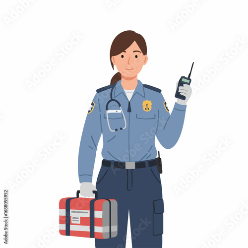 Female Paramedic with Medical Kit and Radio Communication, Emergency Healthcare Professional