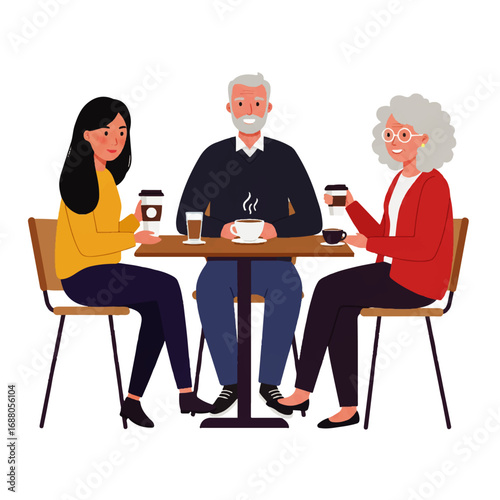 Multigenerational family enjoying coffee and conversation at a cafe.