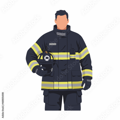 Vector illustration of a heroic firefighter standing in full protective turnout gear, holding a helmet. A symbol of emergency response and public safety