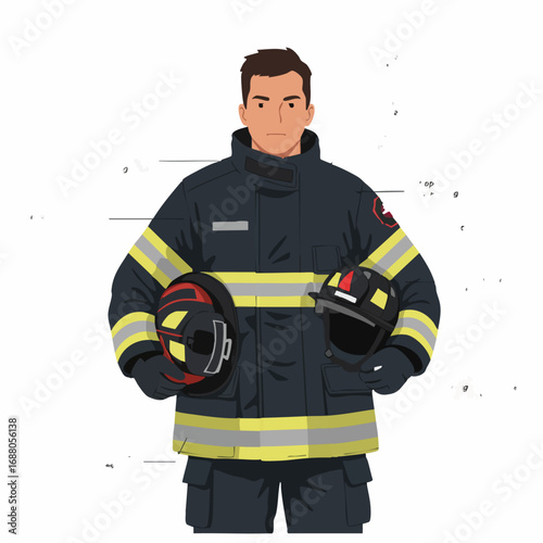 A dedicated male firefighter in full protective turnout gear, holding two different helmets symbolizing duty and choice