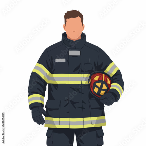 Brave firefighter in protective gear standing confidently, holding a safety helmet, embodying courage, professionalism, and community service in emergency response