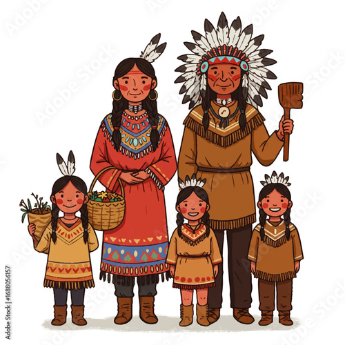 Native American Family in Traditional Attire Illustration.