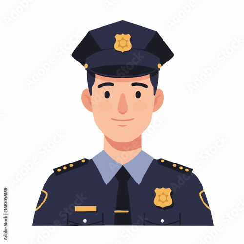 Portrait of a young friendly male police officer in uniform, a professional avatar representing public service, safety, and law enforcement