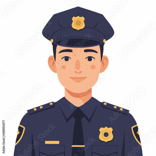 Portrait of a friendly and smiling male police officer in a professional uniform. A positive vector illustration representing community safety, law enforcement, and public trust