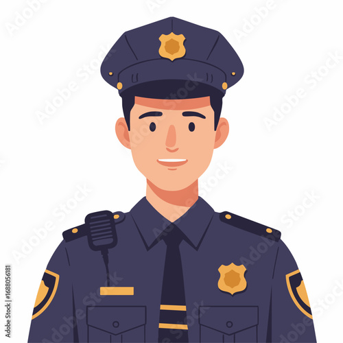 Cartoon illustration of a friendly male police officer in uniform. Professional law enforcement character avatar for public safety concepts